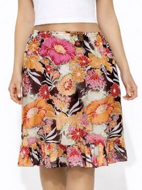 🌺 Vintage Roxy Y2K Floral Skirt Boho Tropical Cotton Ruffle Hem Medium